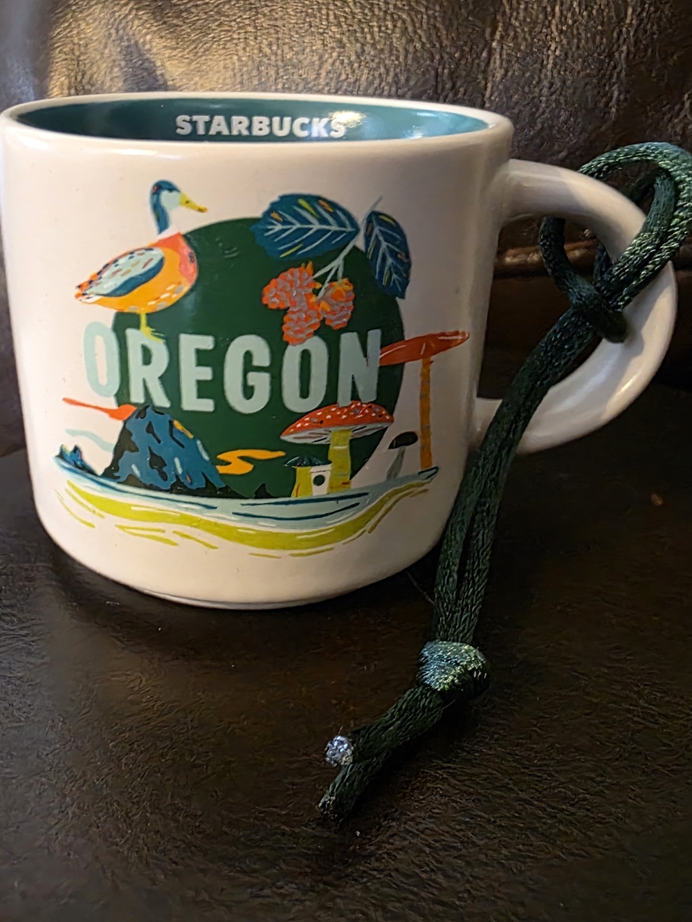 Starbucks Oregon White Mug with Green and Teal Accents